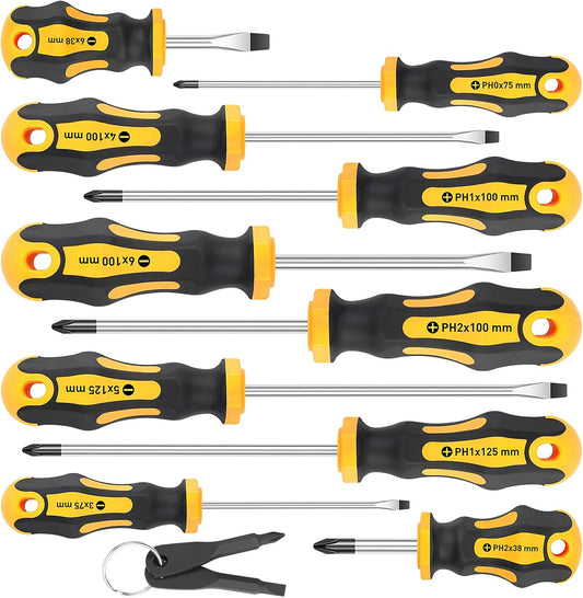 10-piece set with 5 phillips (#0, 1, 2) and 5 slotted (3.0mm–6.0mm) tips