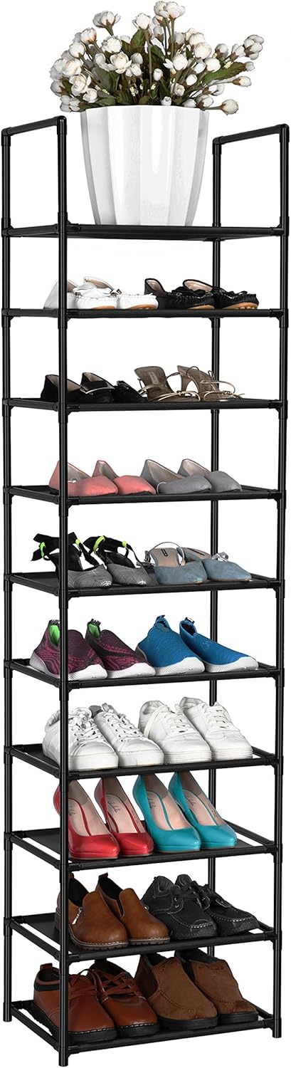 10 tiers holding up to 20 pairs of adult shoes in a 17 x 11 x 68.8 inch vertical frame