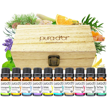 10 x 10ml bottles: lavender, peppermint, eucalyptus, tea tree, lemon, frankincense, cedarwood, rosemary, sweet orange, lemongrass