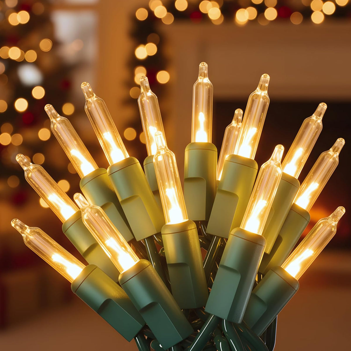 100 clear incandescent b10 bulbs on 20 feet of green-coated wire