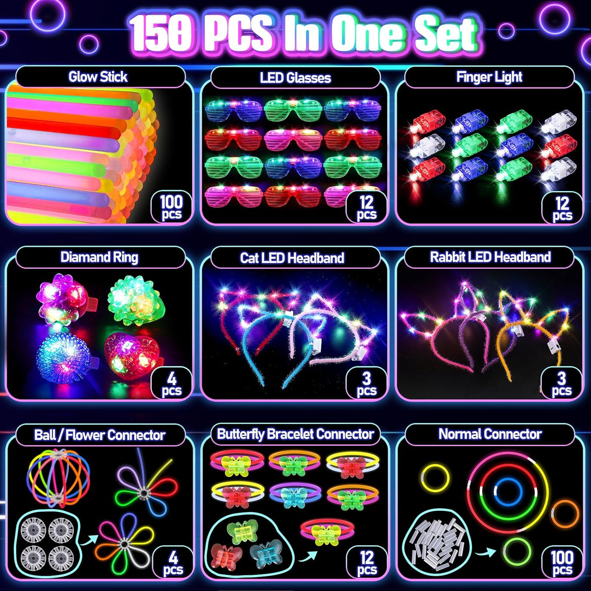 100 glow sticks in 8 colors (blue, green, yellow, orange, pink, purple, red, white) with 116 connectors (butterfly, ball/flower, straight)