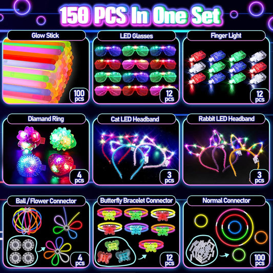100 glow sticks in 8 colors (blue, green, yellow, orange, pink, purple, red, white) with 116 connectors (butterfly, ball/flower, straight)