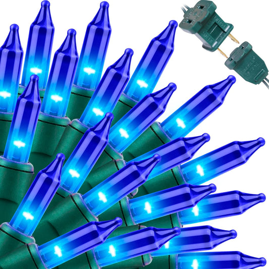 100 incandescent mini bulbs on 19.6 ft green wire with 2.5-inch spacing (also offered in 150 and 300 counts)