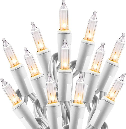 100 incandescent mini bulbs on 25 ft white wire with 2.5-inch spacing