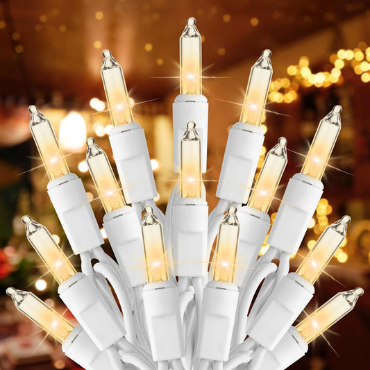 100 incandescent mini bulbs spaced 3 inches apart on 25 ft white wire (18 in lead wire)