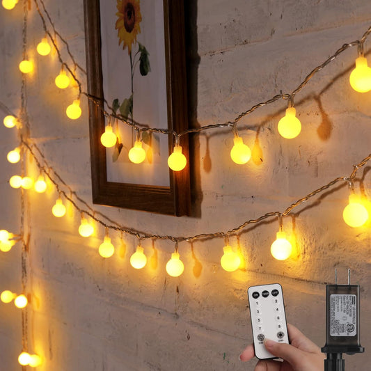 100 led bulbs on 33 ft string (66 ft variant available) with 0.7-inch plastic globe shades and 4-inch bulb spacing