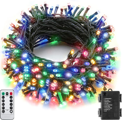 100 led bulbs spaced across a 33 ft dark-green string (4 in spacing)