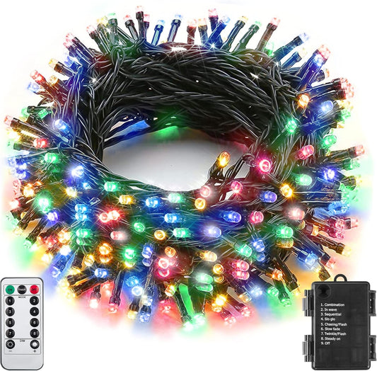 100 led bulbs spaced across a 33 ft dark-green string (4 in spacing)