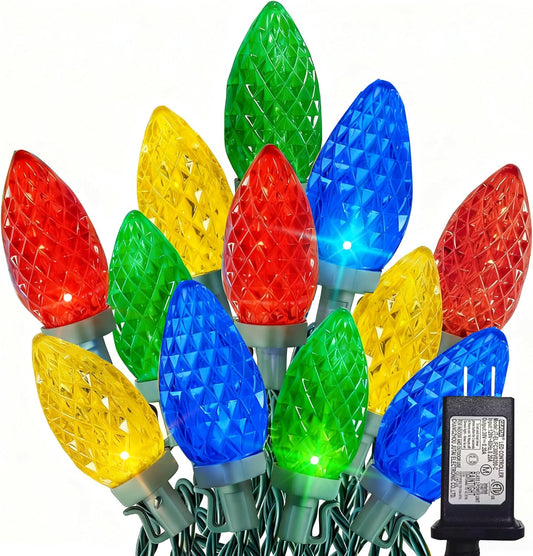 100 led c9 bulbs spaced across 66 ft of green wire