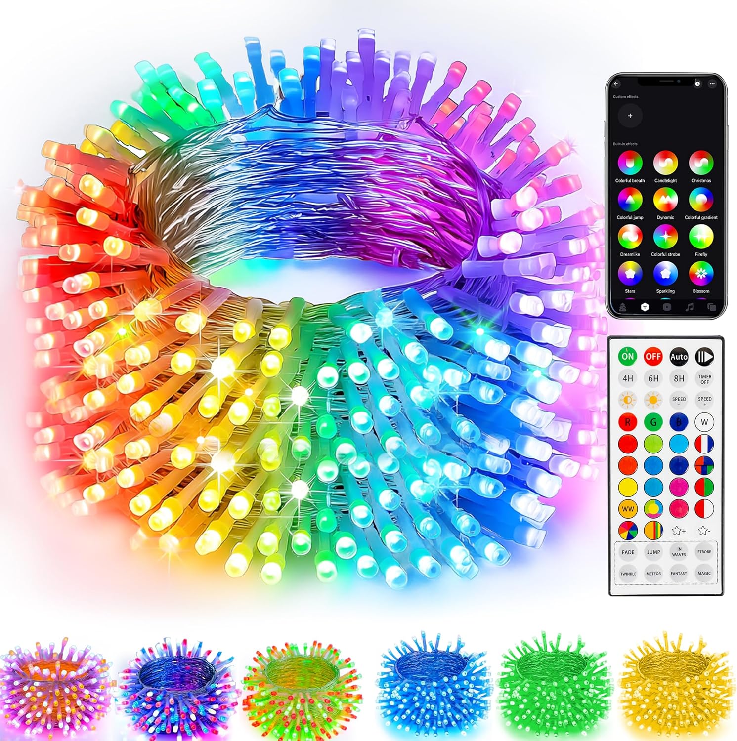 100 led rgb string covering 33 ft plus 16.5 ft lead wire (49.5 ft total) with 3.9-inch bulb spacing