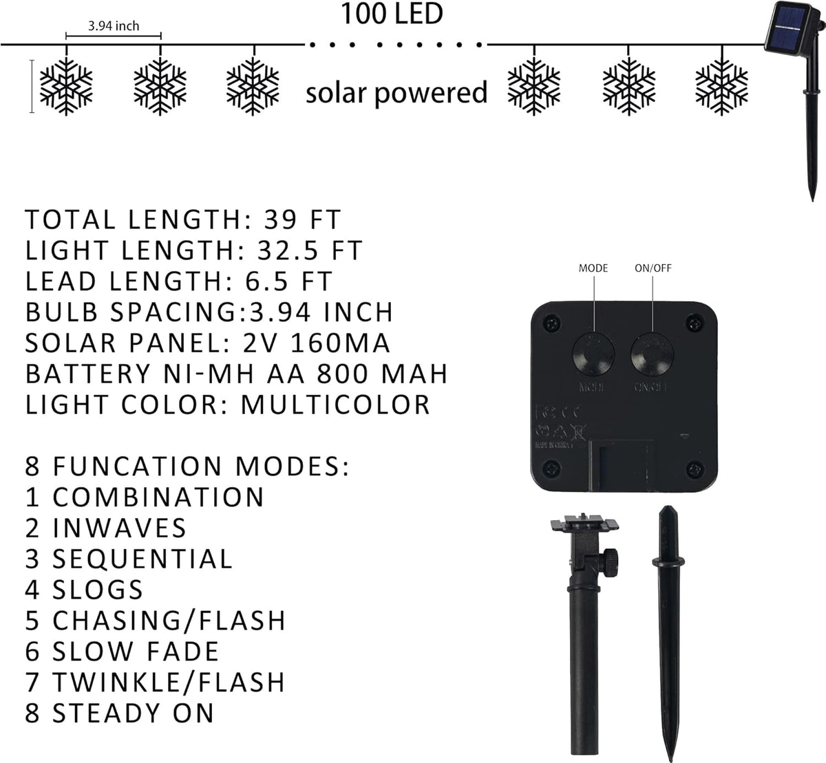 100 led snowflake-shaped bulbs across 39 ft of string with 6.5 ft lead wire