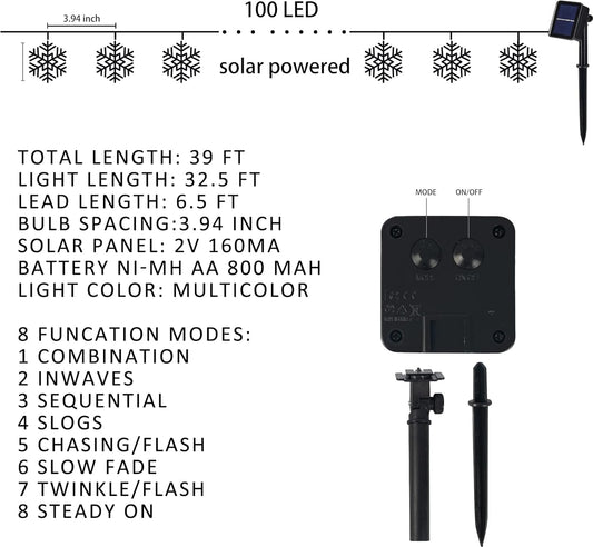 100 led snowflake-shaped bulbs across 39 ft of string with 6.5 ft lead wire