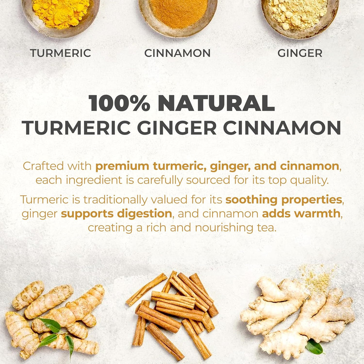 100% natural ingredients with disclosed ratios (e.g., 70% turmeric, 20% ginger, 10% cinnamon)
