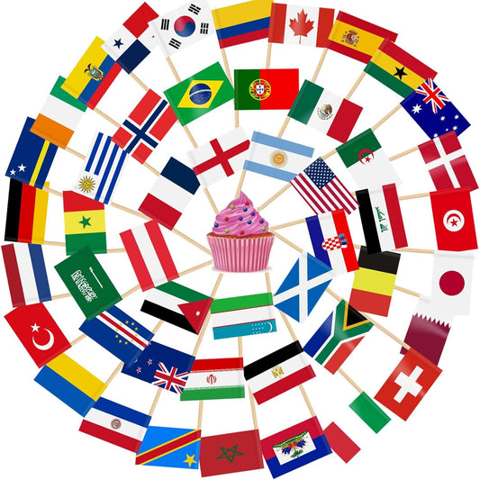 100 or 200 count packs of mixed national flag toothpicks per box