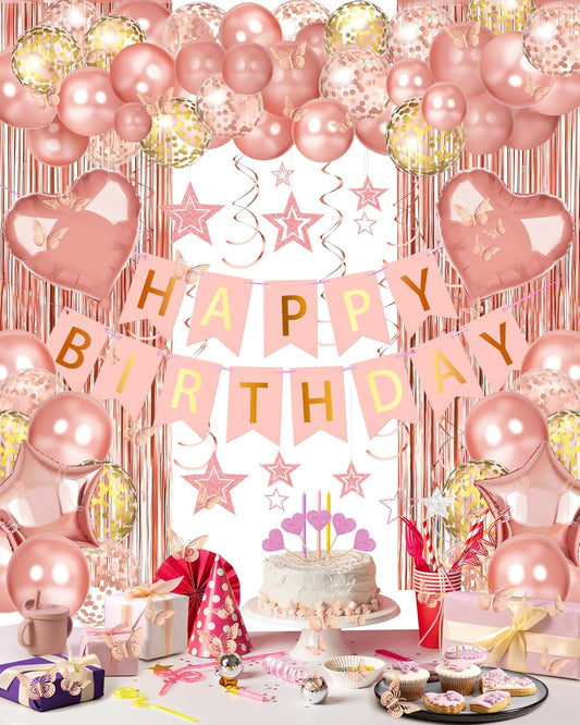 100-piece kit: 1 banner, 2 foil curtain backdrops (3.28x6.56ft), 10 latex balloons, 20 confetti balloons, 4 heart/star foil balloons, 6 hanging swirls, 7 glitter stars, 12 cupcake toppers, 2 ribbons, 100 dot glue dots