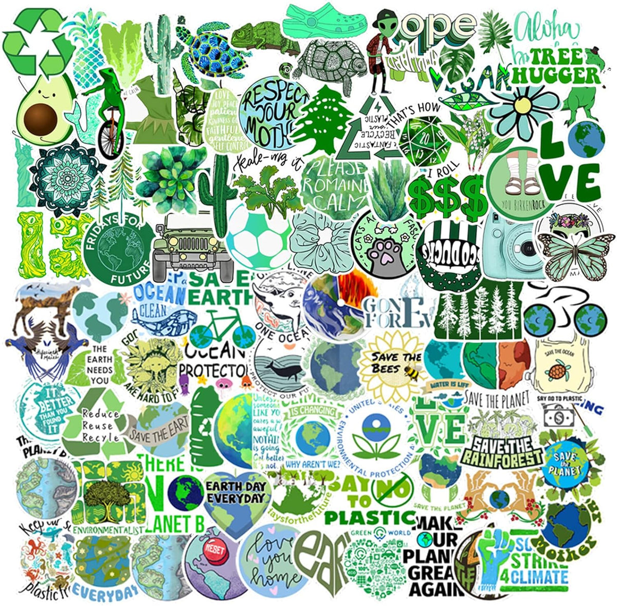 100-piece non-repeating vinyl sticker pack with earth day and climate change themes