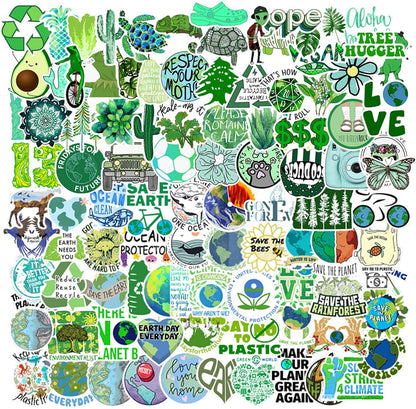 100-piece non-repeating vinyl sticker pack with earth day and climate change themes