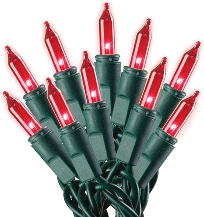 100 ultra-brite red incandescent mini bulbs on green wire for high-contrast visibility on greenery