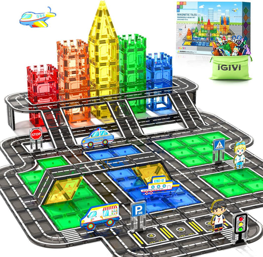 104-piece set: 50 magnetic blocks, 44 road toppers, 4 traffic signs, 2 character dolls, and 4 vehicle types