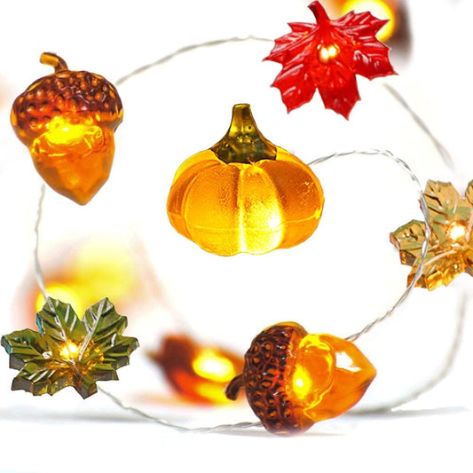 10ft silver-plated copper wire string with 10 acorns, 10 3d pumpkins, and 10 maple leaves (30 total leds)