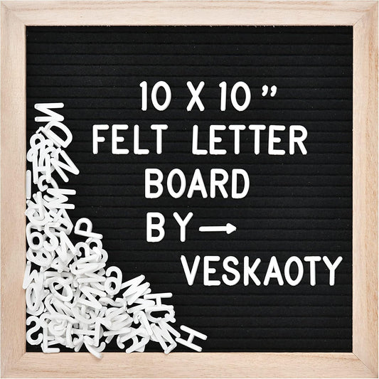 10x10 inch wooden-framed felt letter board in black, grey, pink, and blue variants