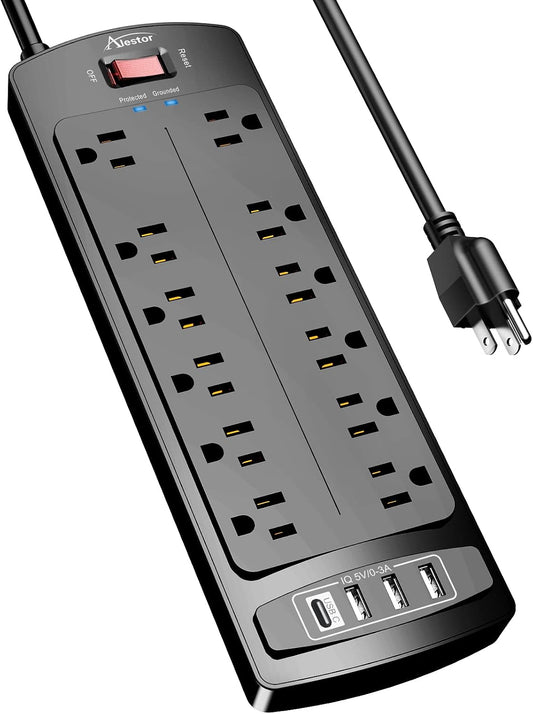 12 ac outlets (10 standard-spaced + 2 widely-spaced at 2 inches for large adapters)