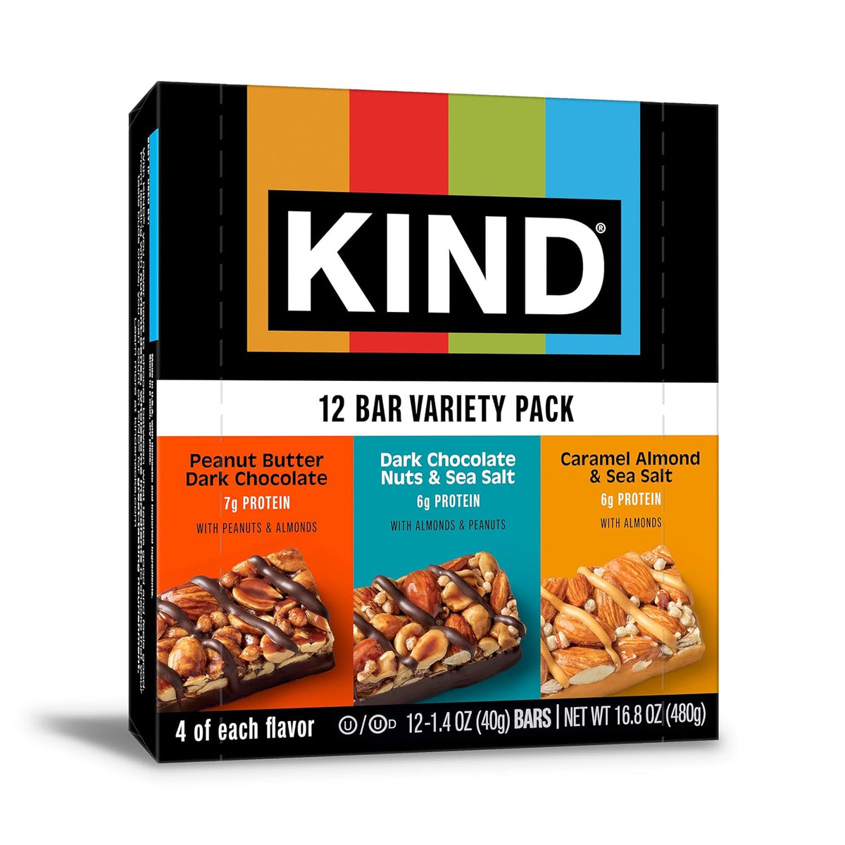 12-bar variety pack spanning dark chocolate nuts & sea salt, peanut butter dark chocolate, and caramel almond & sea salt