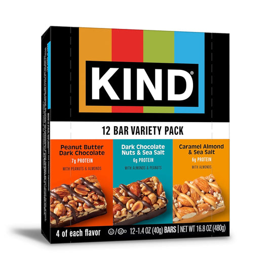 12-bar variety pack spanning dark chocolate nuts & sea salt, peanut butter dark chocolate, and caramel almond & sea salt