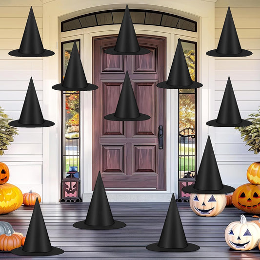 12 black oxford fabric witch hats (14" height, 15" outer brim diameter)