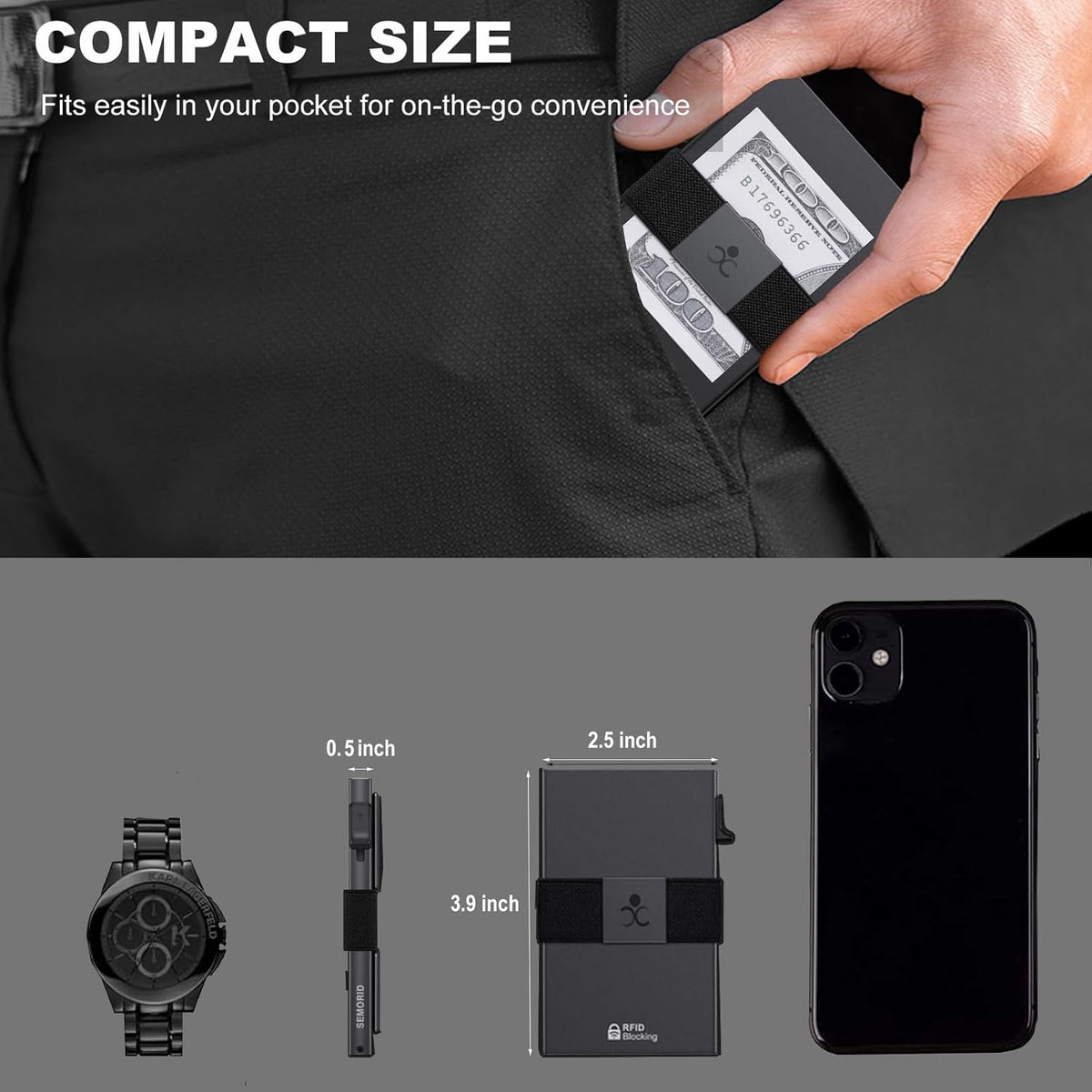 12+ card total capacity: 5 embossed/6 smooth cards in aluminum case plus 6+ cards on expandable backplate