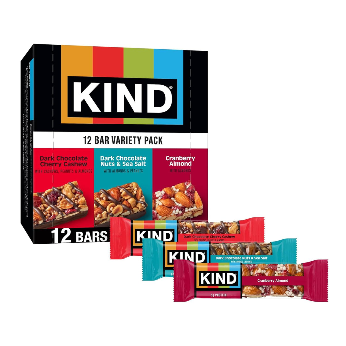 12-count variety pack with 3 flavors: cranberry almond, dark chocolate nuts & sea salt, dark chocolate cherry cashew