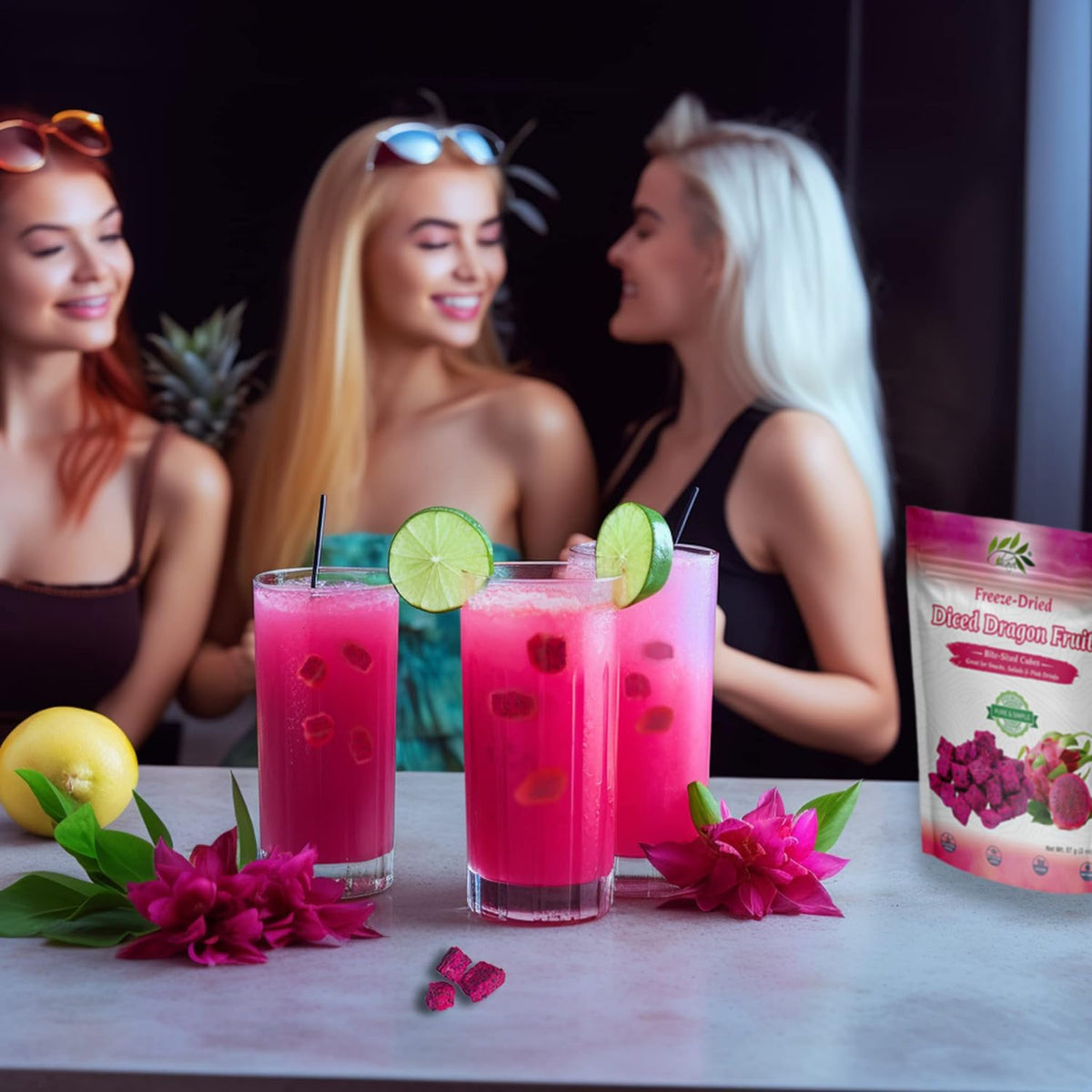 12+ fruit sku line including tropical/exotic options (dragon fruit, longan, durian, rambutan, mangosteen, soursop) plus mainstream fruits (mango, strawberry, apple, pineapple)