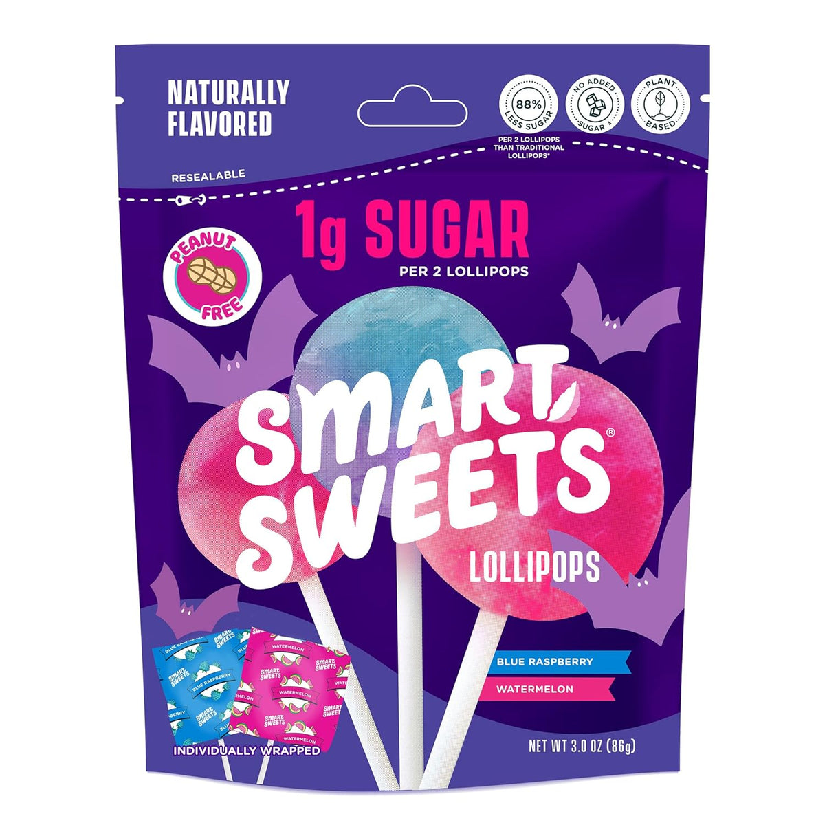 12 individually wrapped lollipops per 3 oz bag in two fruity flavors (blue raspberry and watermelon)