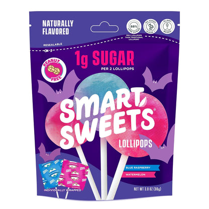 12 individually wrapped lollipops per 3 oz bag in two fruity flavors (blue raspberry and watermelon)