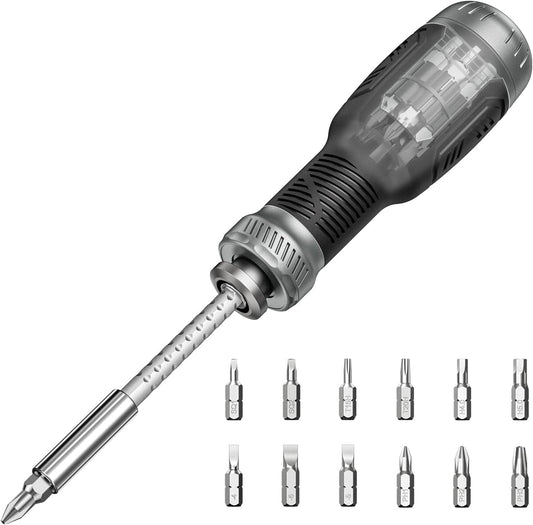12 interchangeable bits covering flathead, philips, torx, hex, and square heads plus a 1/4" nut driver