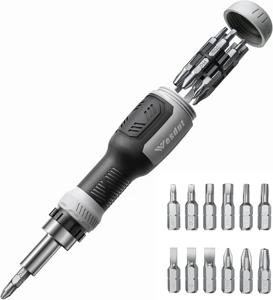 12 interchangeable bits: torx (t15/t20), flathead (4/5/6mm), philips (ph1/ph2/ph3), hex (h4/h5), square (sq1/sq2)