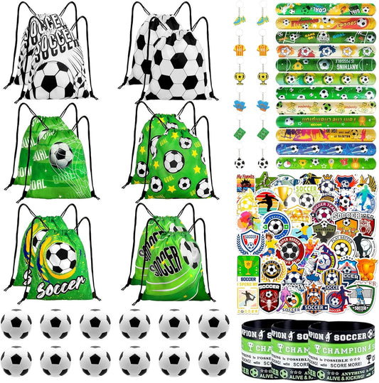 12 oxford cloth drawstring bags in 6 distinct soccer-themed designs (2 of each)
