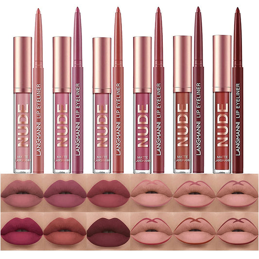12-piece (or 3/6-piece) bundled set pairing matte liquid lipsticks with coordinating lip liner pens
