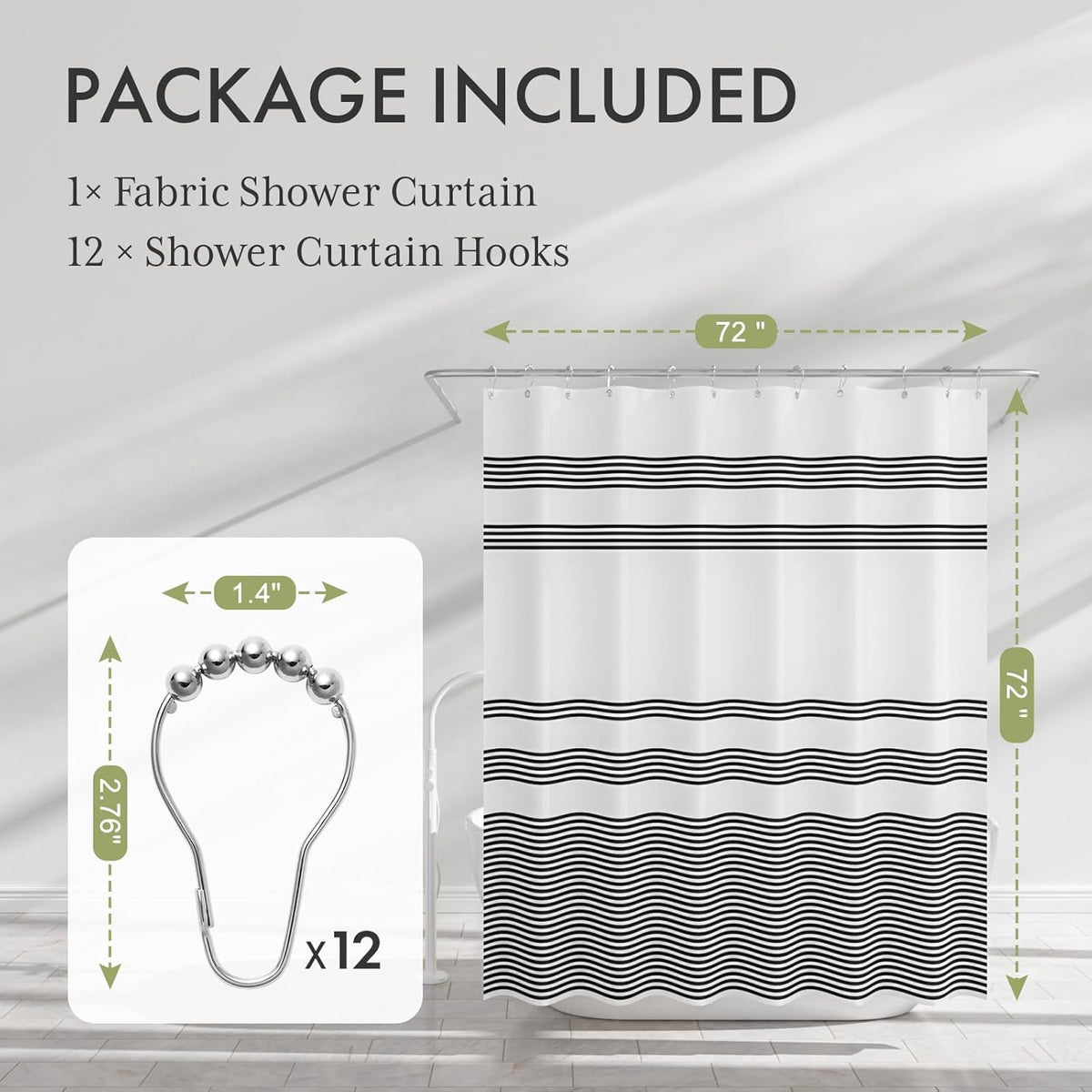 12 reinforced metal grommet holes paired with 12 rustproof brushed nickel hooks