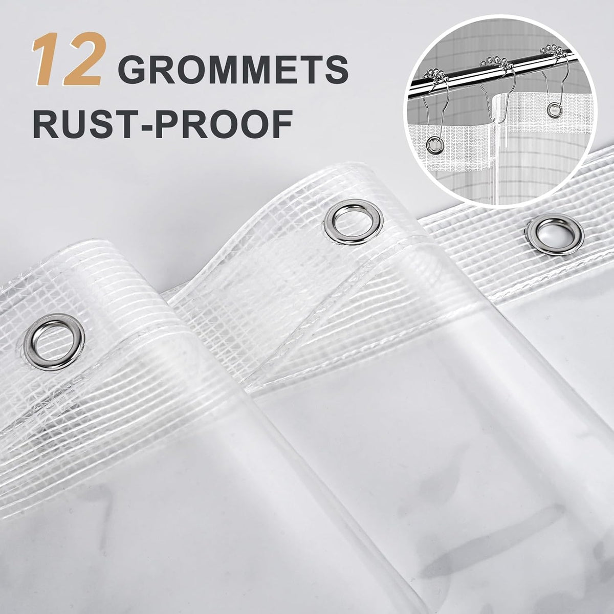 12 rust-resistant metal grommet holes along the top header for hook or rod hanging