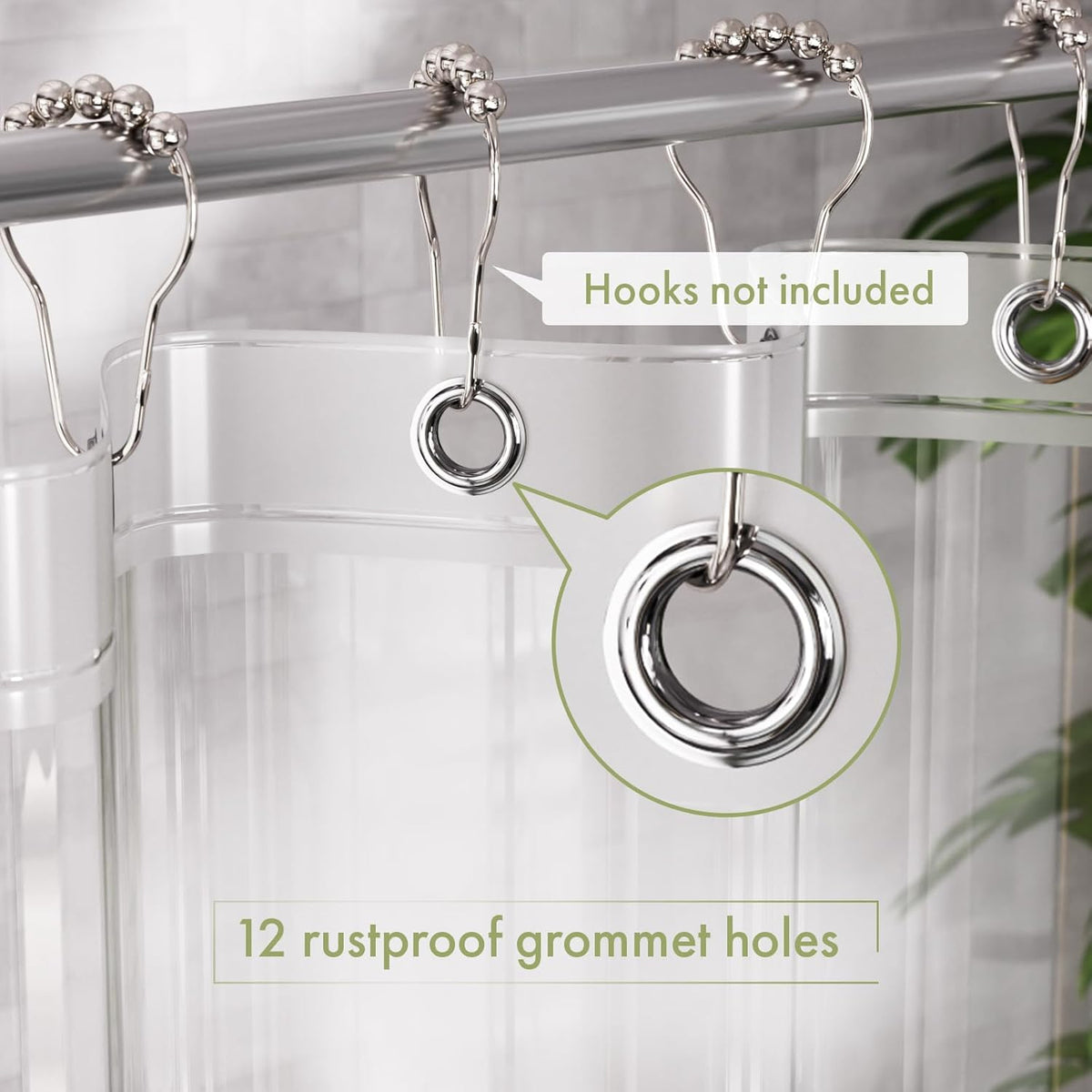12 rust-resistant metal grommet holes compatible with standard hooks