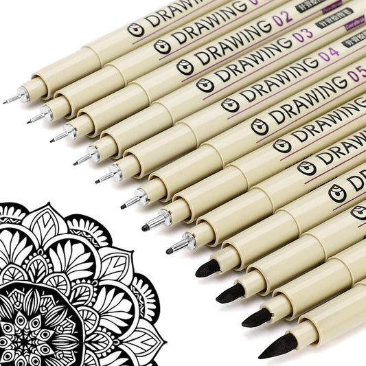 12 tip sizes ranging from 0.2mm (005) to 3.0mm plus a brush tip, all in one set