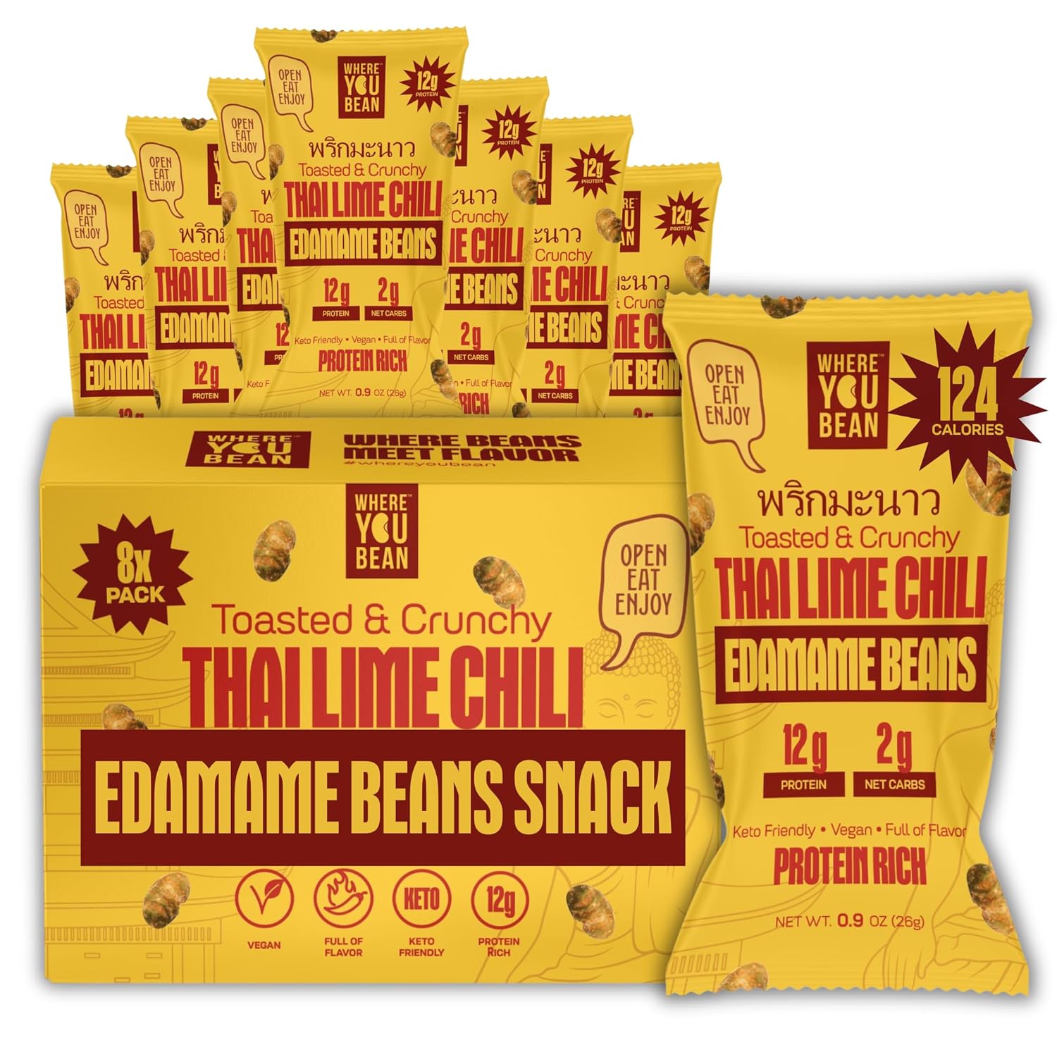12g plant-based protein per serving from roasted edamame soybeans
