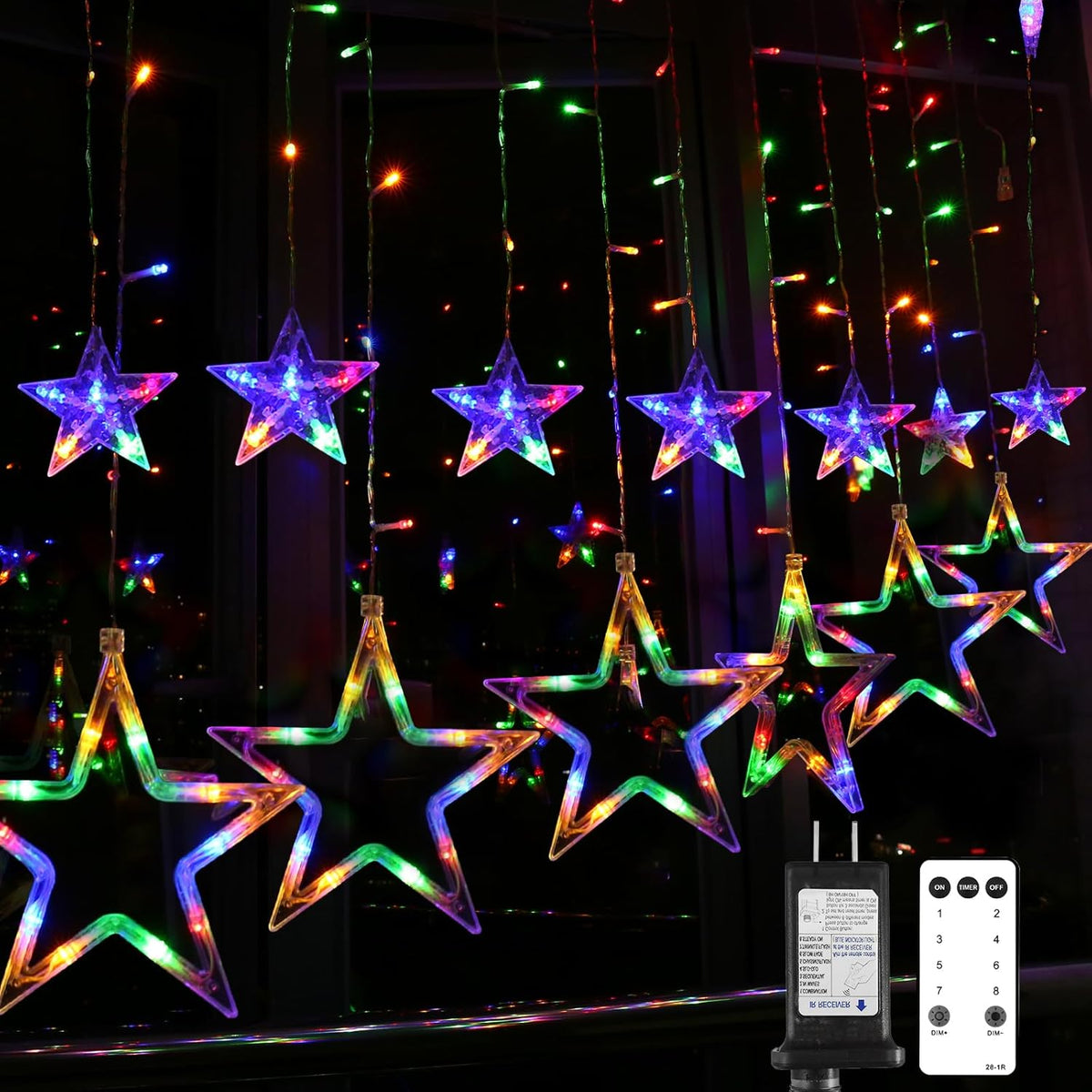 138 leds arranged as 12 stars (6 × 7.9" and 6 × 3.9") with 2 ft and 1.3 ft drop strands