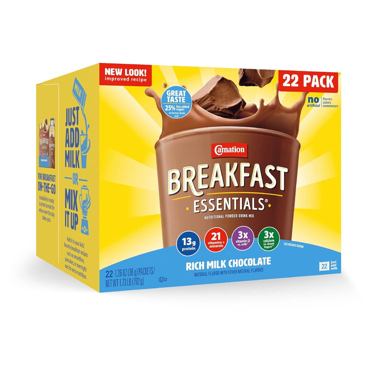 13g of protein per serving (when mixed with 1 cup of fat-free milk)