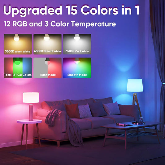 15 selectable colors: 3cct white tones plus 12 rgb colors in a single a19 bulb