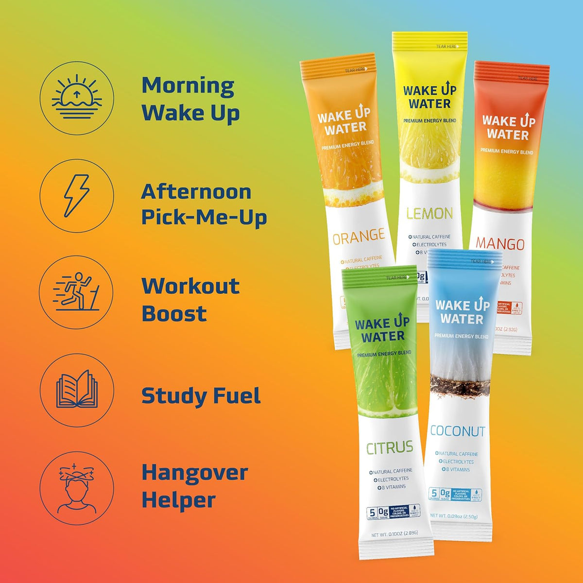 15 single-serve packets per bag across 5 flavors (mango, orange, coconut, lemon, citrus)