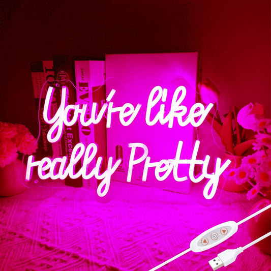 15 x 9 inch rectangular led neon sign in pink with 'you're really pretty' pre-printed text