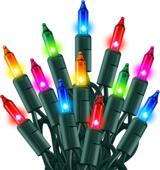 150 incandescent mini bulbs per strand with 2.25-inch spacing across 28 feet of lit length