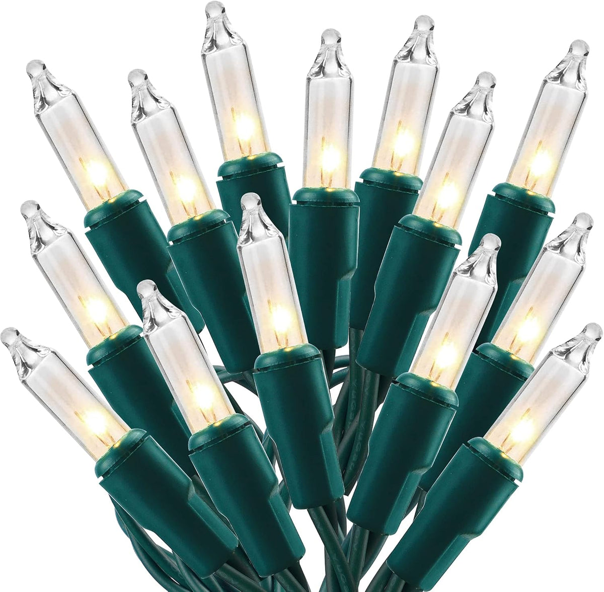 150 incandescent mini bulbs spaced 2.25 inches apart on a 29.2 ft green wire strand